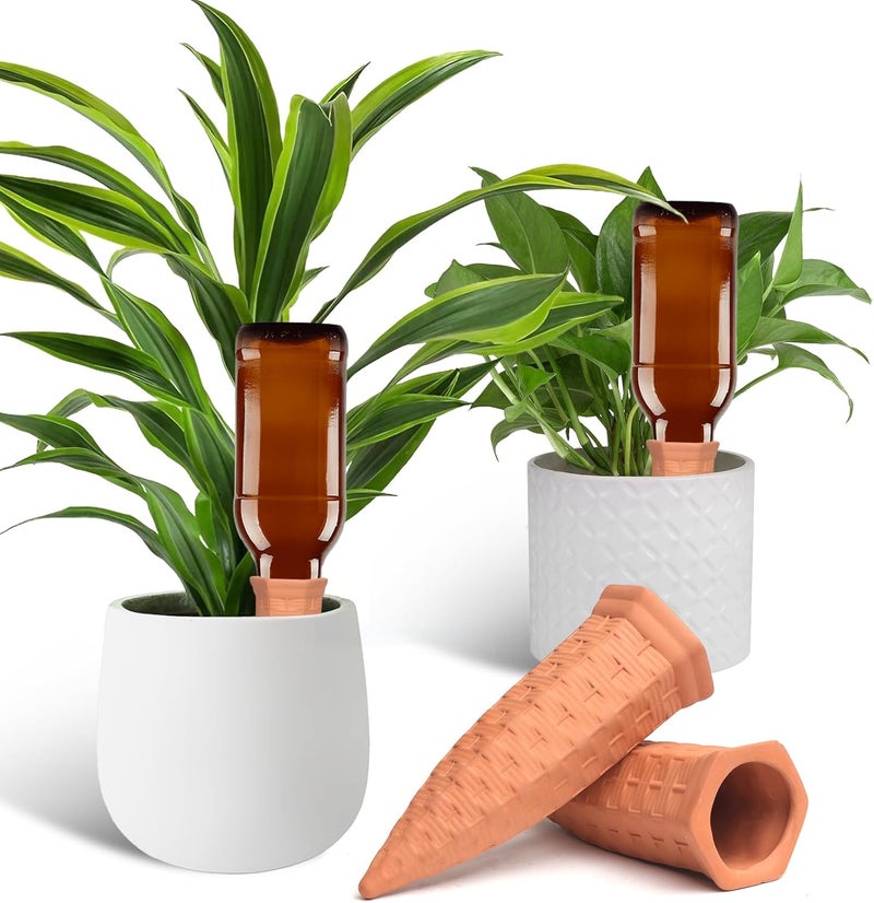 Baxrou Plant Self Watering Stakes 4 Pack Terracotta Watering Spikes for Indoor and Outdoor Plants,Wine Bottle Plant Watering Devices, Automatic Plant Waterers for Vacation - Image 1
